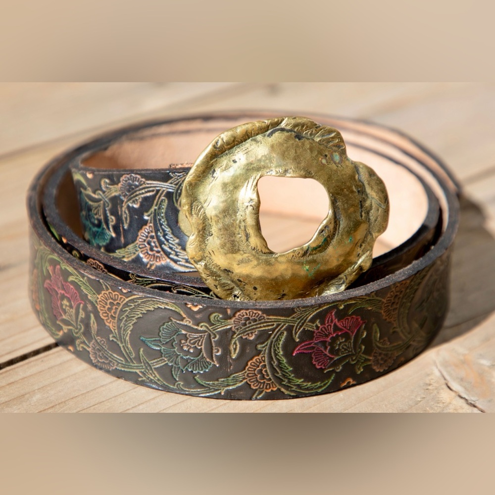 Handcrafted Floral Embossed Leather Belt with Gold Buckle